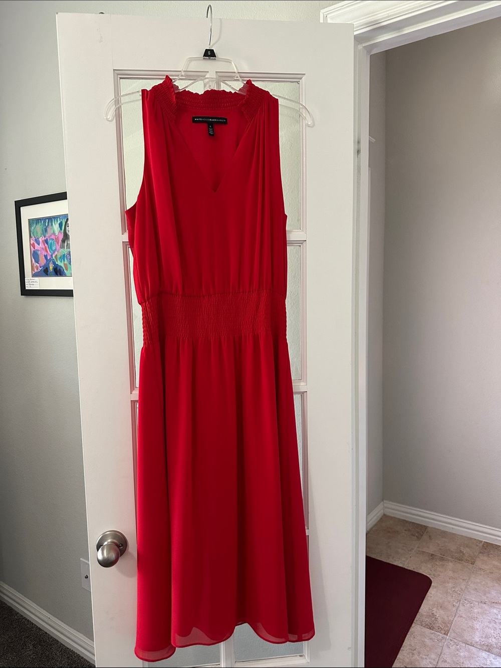 White House Black Market Red Sleeveless Smocked Waist Midi Dress